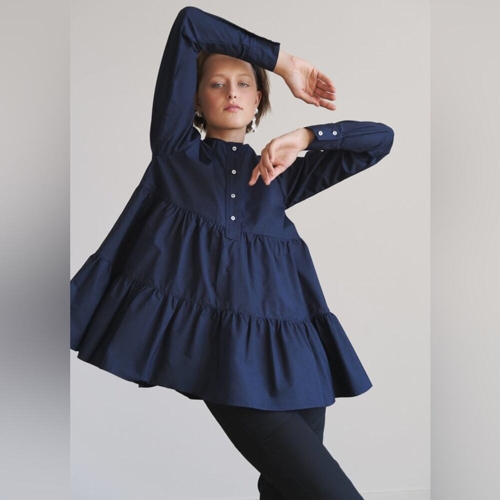 NWT Fabiana Pigna Tiered Long Sleeve Blouse Navy Blue Size‎ XS 100% Cotton